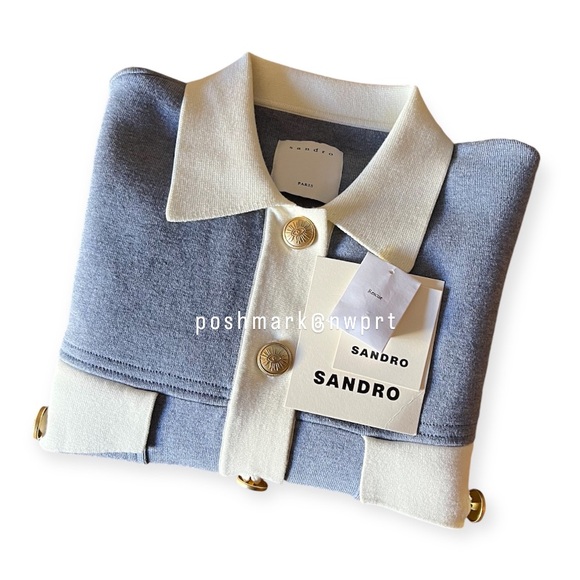 SANDRO Cher Coatigan Cardigan Jacket Sweater Top Bleu Ciel Blue White 0 XS - Picture 3 of 14